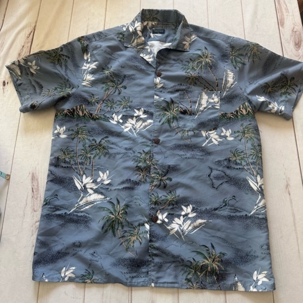 Tropical Storm Mens Hawaiian Islands Palm Trees Flowers Shirt L Resort wear Vaca
